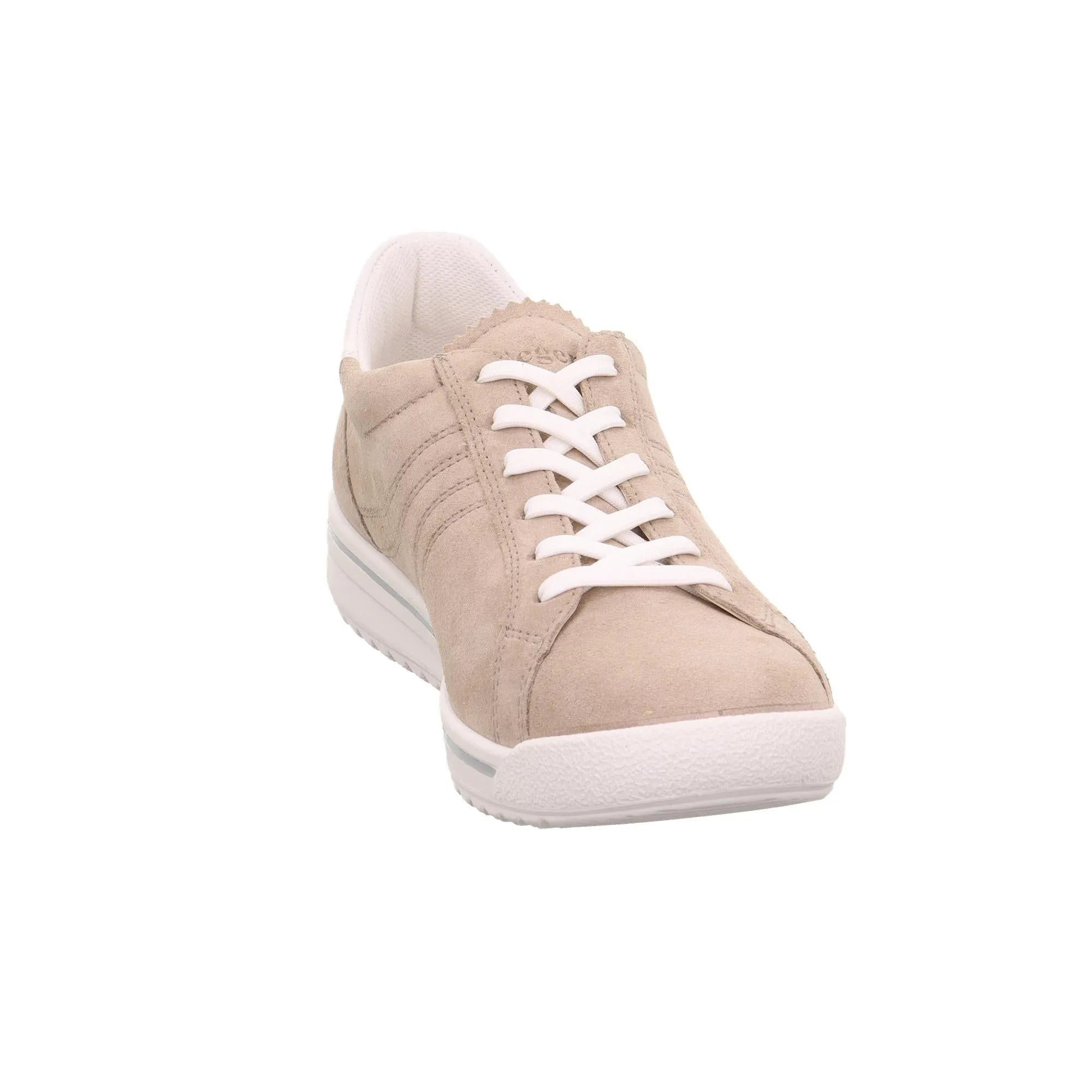 Beige leather and textile lace-up sneaker with white sole and white laces, angled front view, casual style.