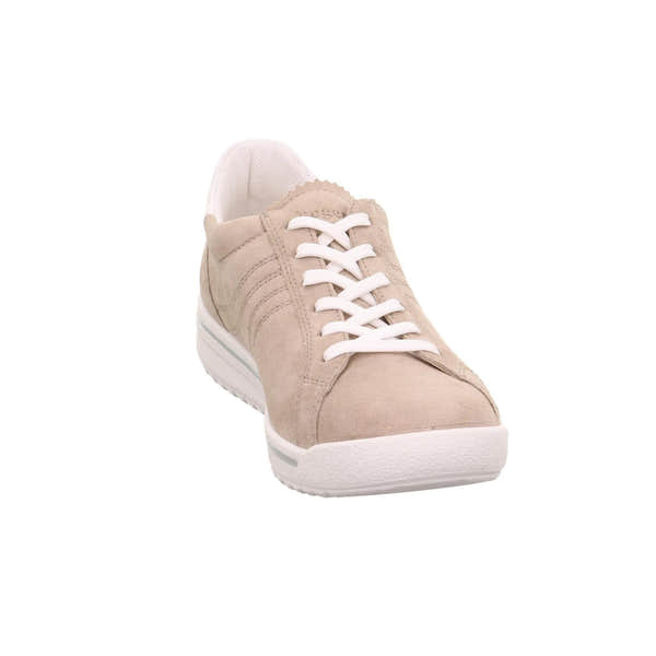 Beige leather and textile lace-up sneaker with white sole and white laces, angled front view, casual style.