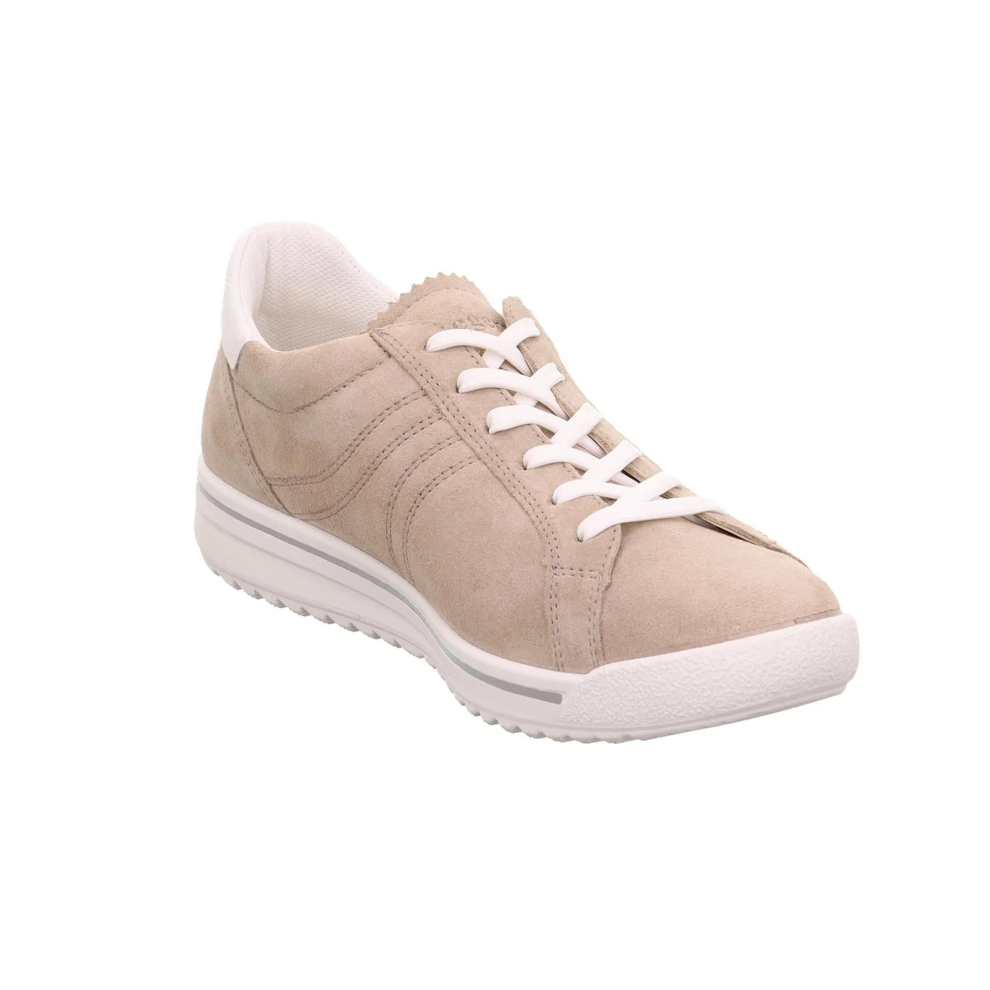 Legero Alia beige leather and textile lace-up women's shoes with white sole and padded collar.