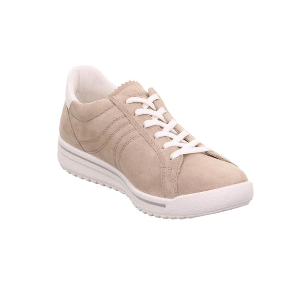 Legero Alia beige leather and textile lace-up women's shoes with white sole and padded collar.