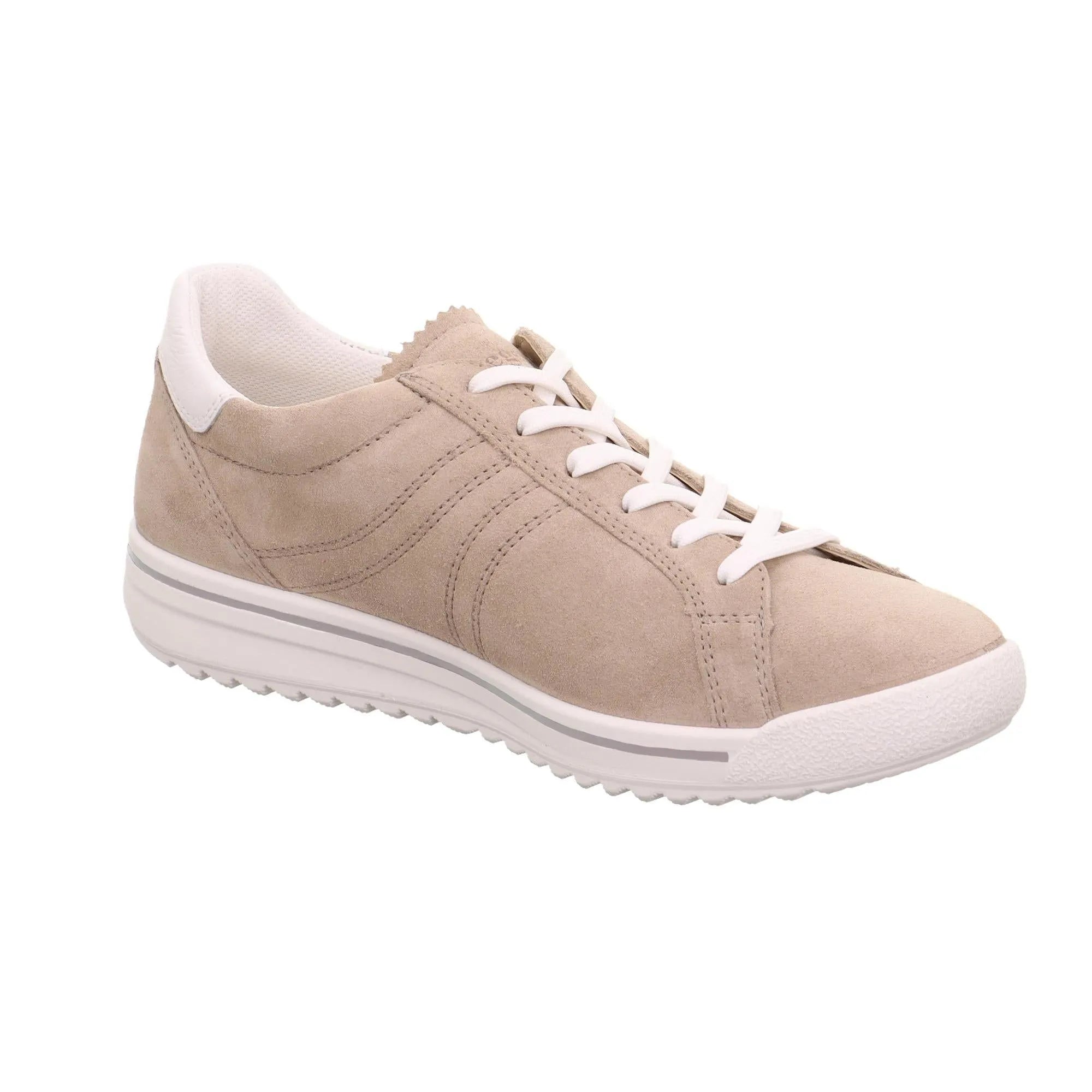 Beige leather and textile lace-up shoe with white accents and a textured sole.