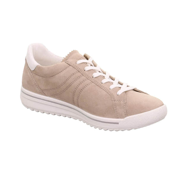 Beige leather and textile lace-up shoe with white accents and a textured sole.