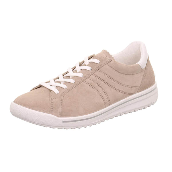 Legero Alia beige leather and textile lace-up ladies' shoes with white laces and sole, stylish and comfortable casual footwear.
