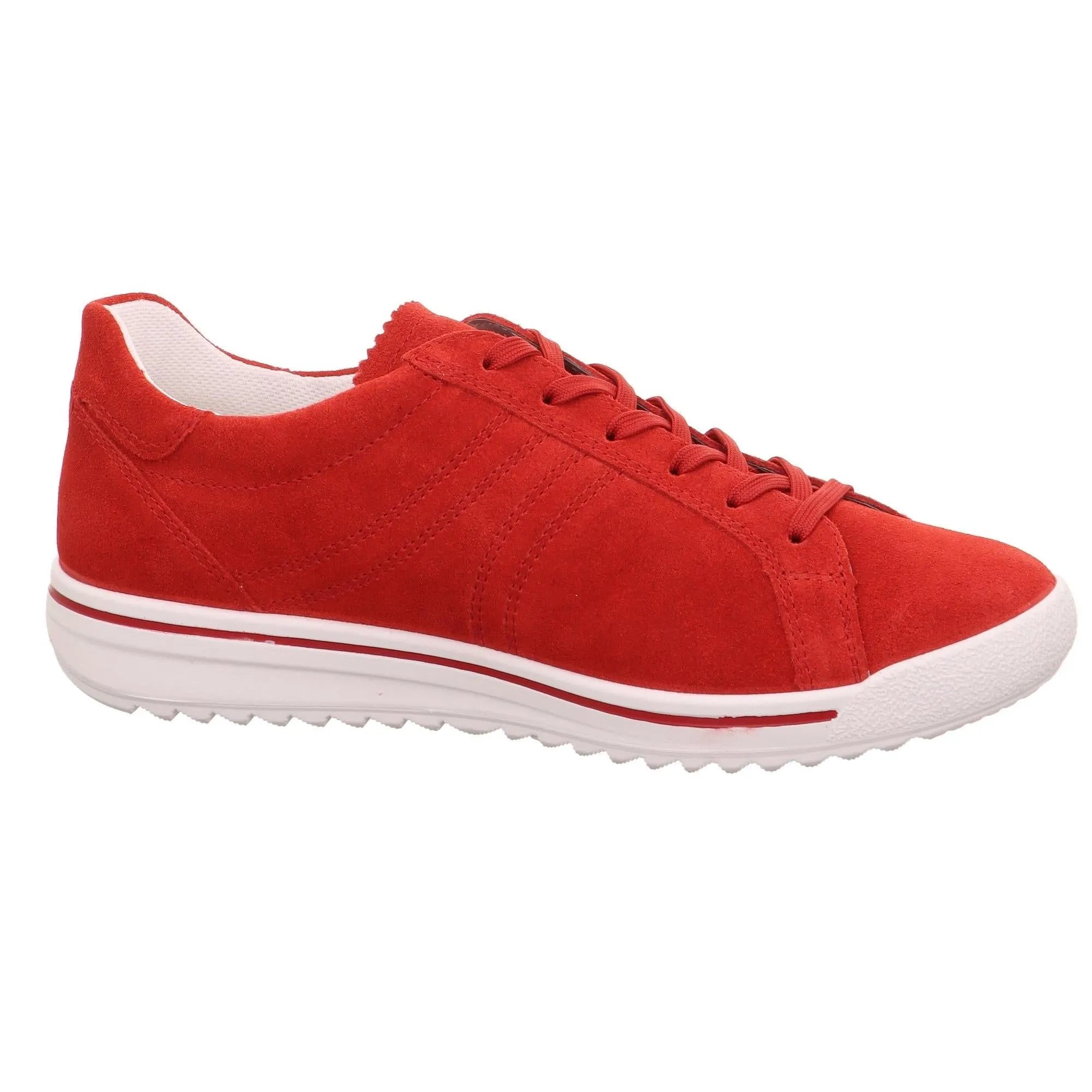 Red leather and textile lace-up casual shoe for women, with white sole and subtle stitching details.