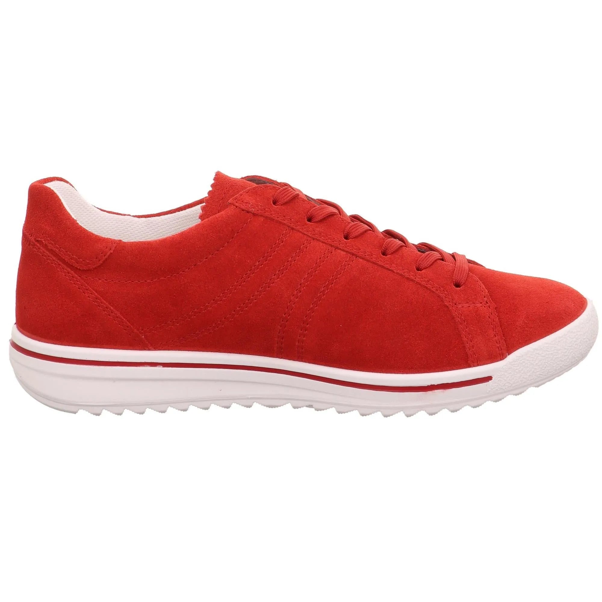 Red leather and textile lace-up women's sneaker with white sole and subtle stitching details.