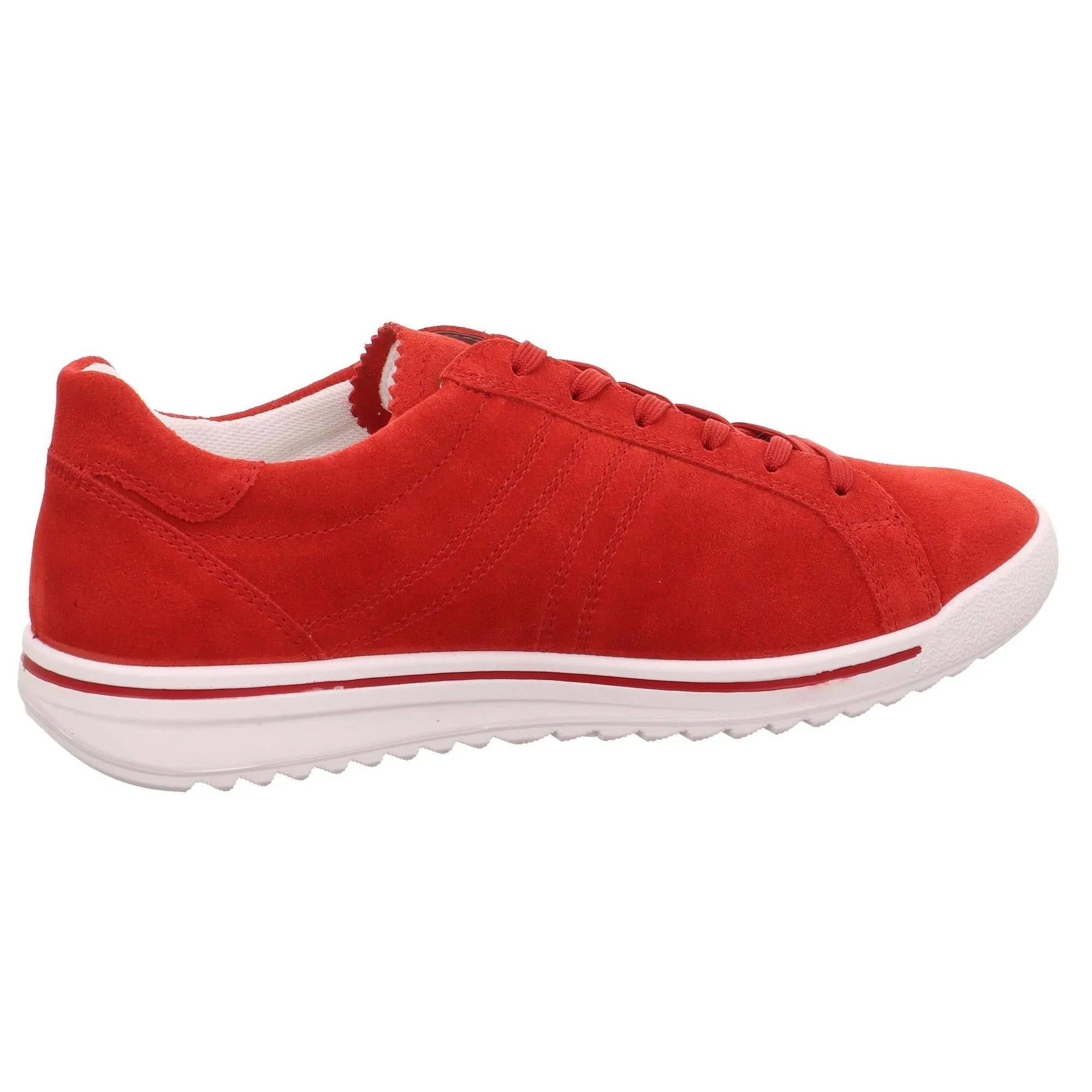 Red leather and textile lace-up shoes with white sole and black trim, designed for women.