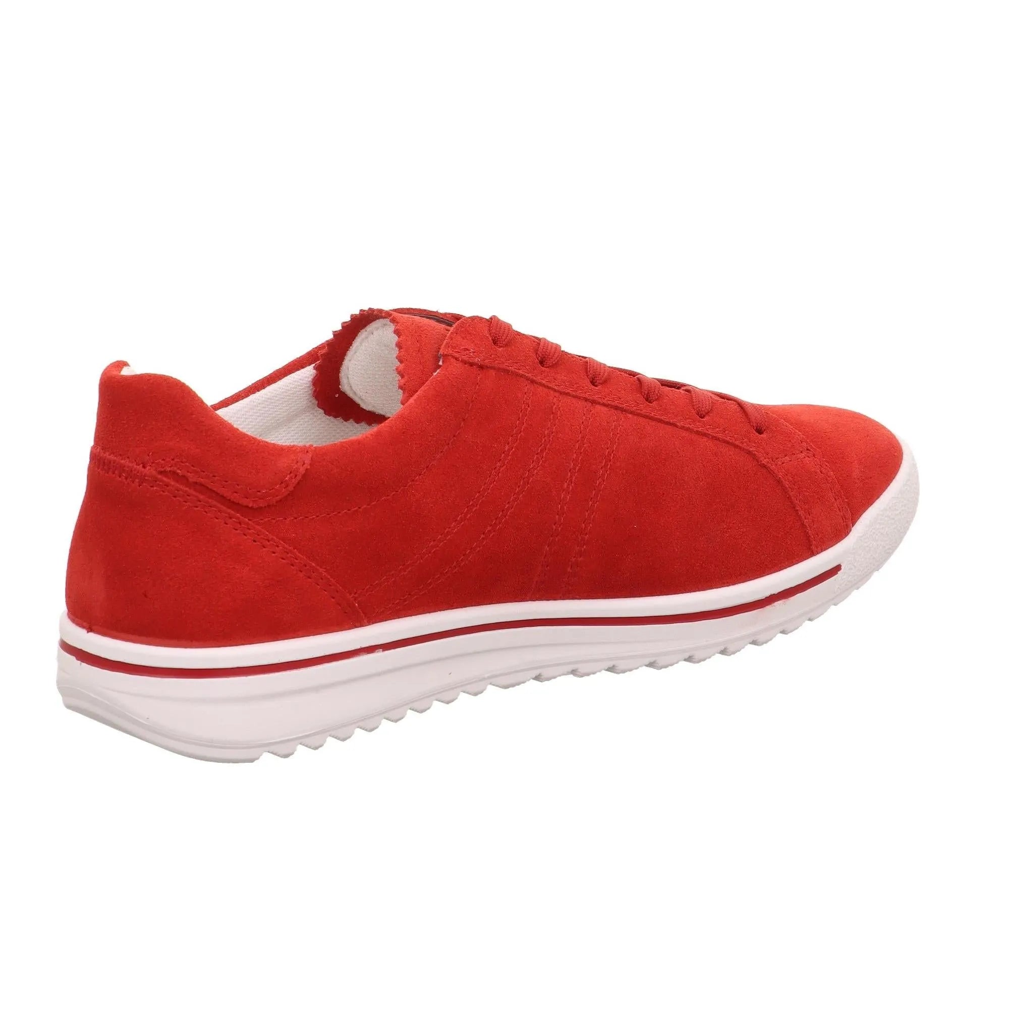 Red leather and textile women's lace-up sneaker with a white sole and red stripe detail.