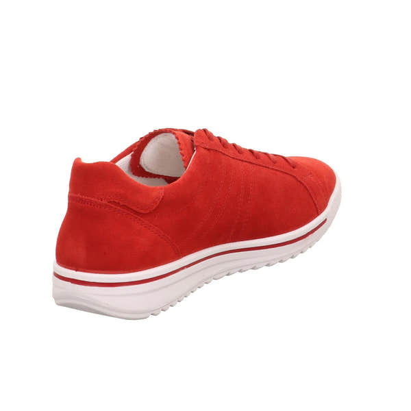 Red leather and textile lace-up shoe for women with a white cushioned sole and sporty style.