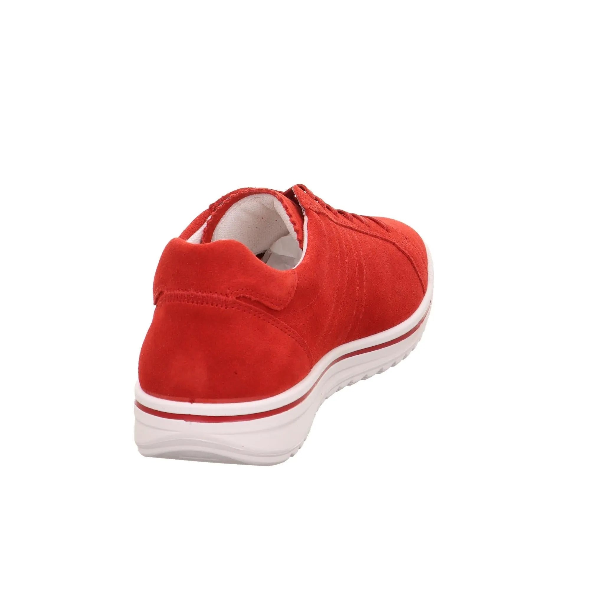 Red leather and textile lace-up women's shoes with a white sole, viewed from the back and side.