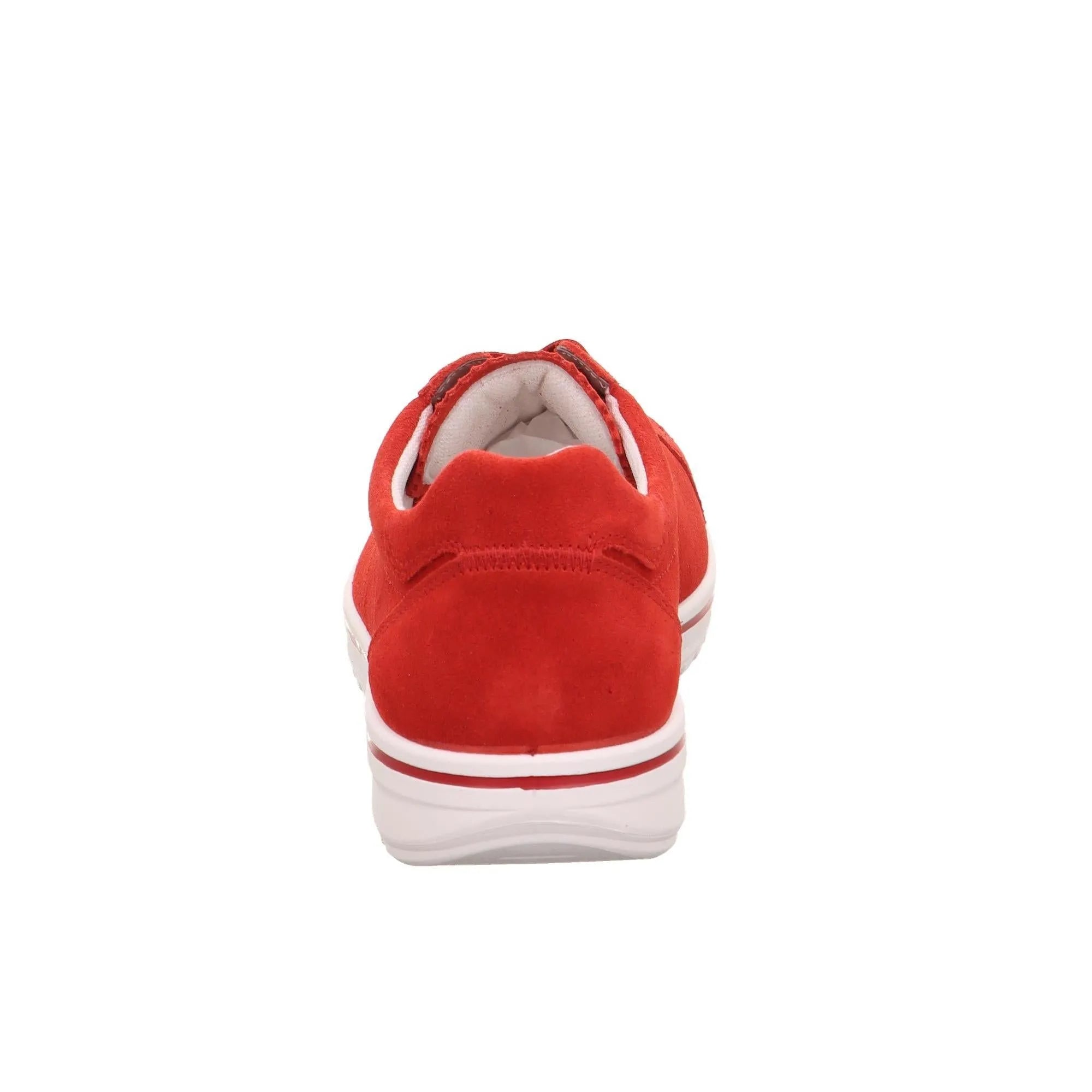 Red leather and textile lace-up women's shoes with white sole, viewed from the back.
