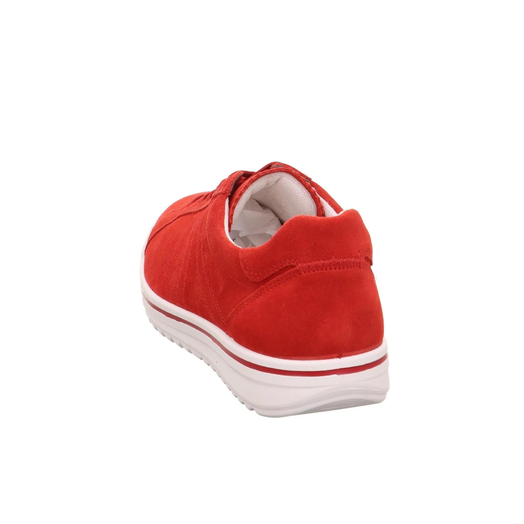 Red leather and textile lace-up shoes with a white, cushioned sole, designed for women, featuring a stylish casual style.