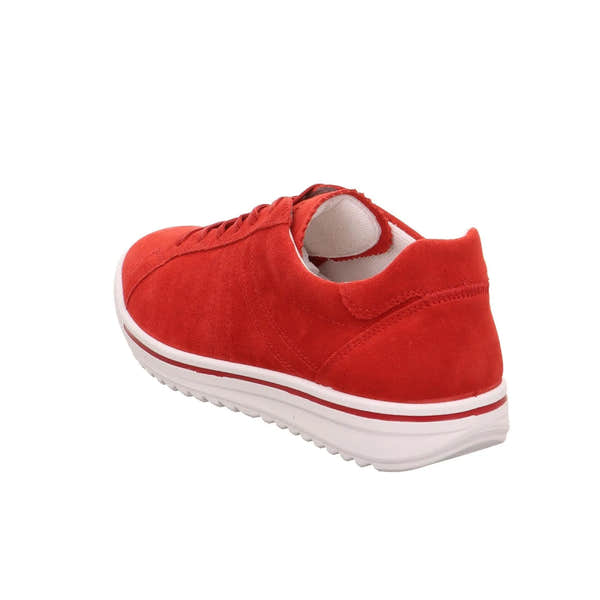 Red leather and textile lace-up shoes with a white sole, casual style, and low heel.