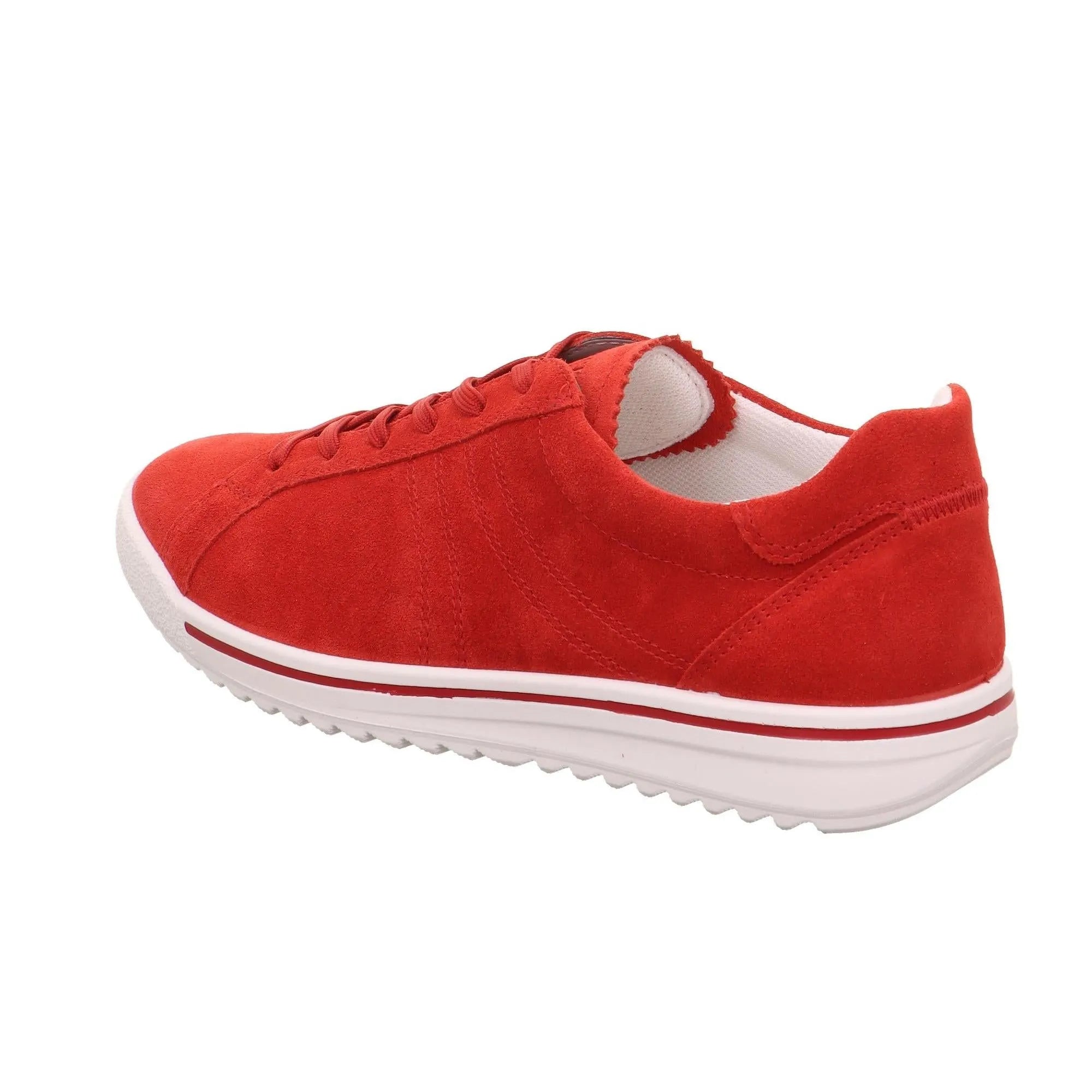 Red leather and textile lace-up shoes with a white sole, low-profile style, and stitching details.