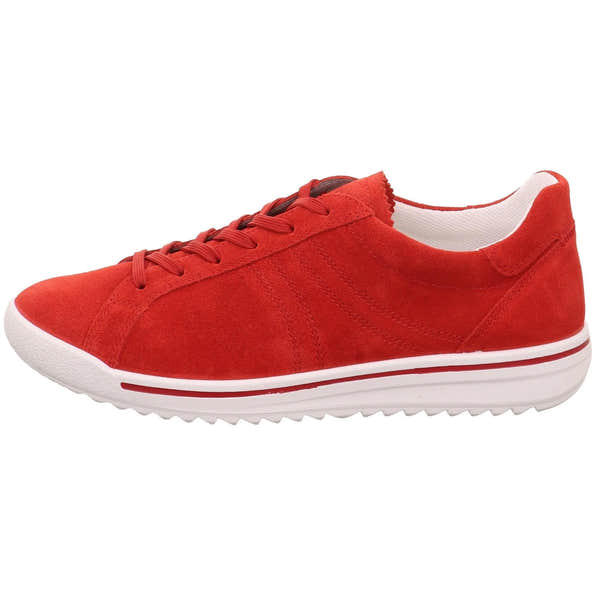 Red leather and textile lace-up casual shoes with white sole and subtle stitching details.