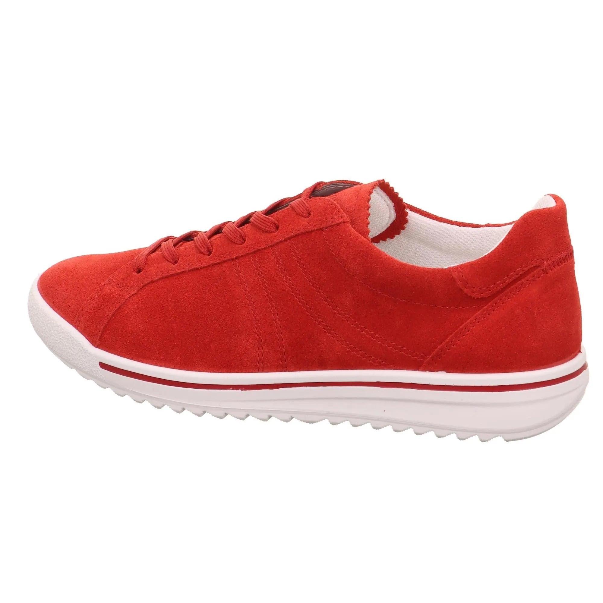 Red leather and textile lace-up shoes with white rubber sole and stitched details for women.