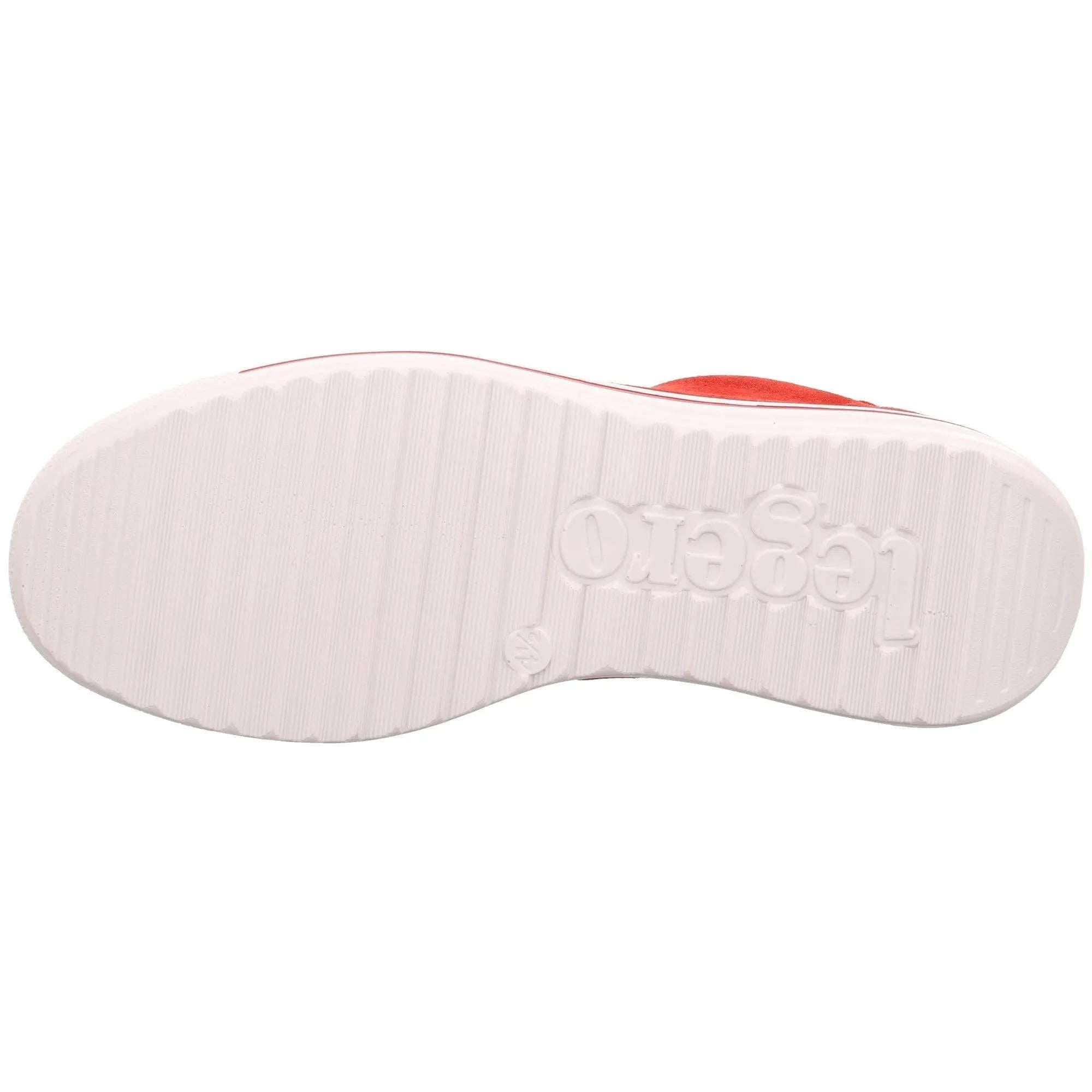 Red leather and textile lace-up ladies' shoes with a white rubber sole featuring the Legero logo.