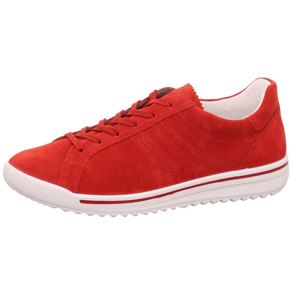 Red leather and textile lace-up women's sneakers with white sole and subtle stitching details.
