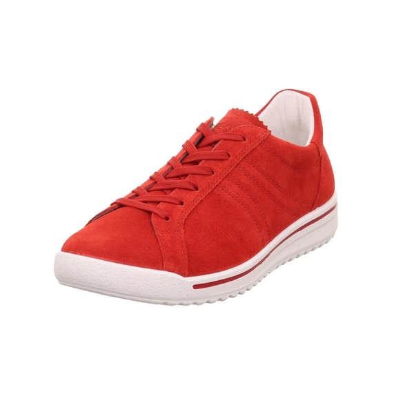 Red leather and textile lace-up ladies' shoe with a white sole and subtle stitching details.