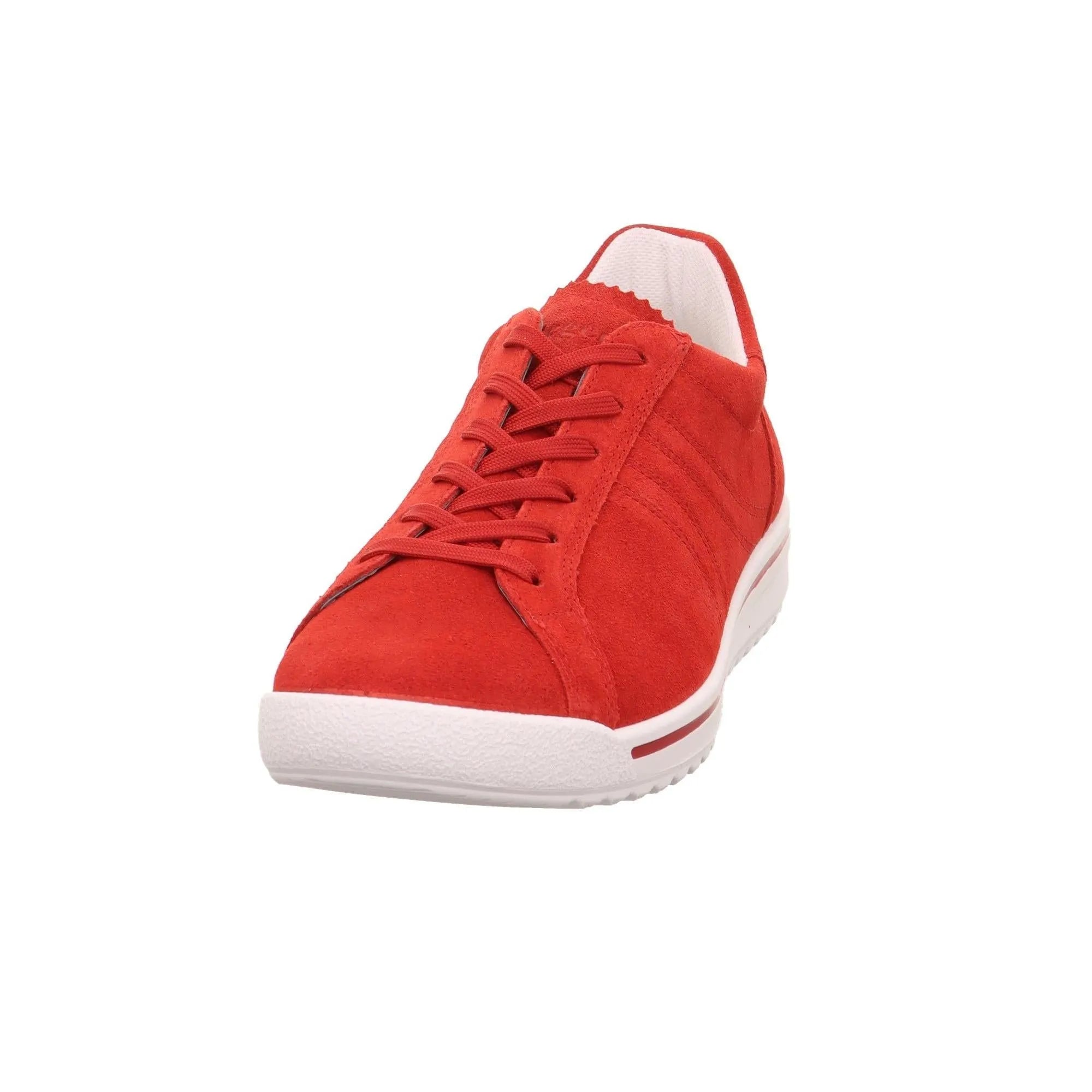 Red leather and textile lace-up shoe with white sole, branding details, and a low heel, designed for ladies.