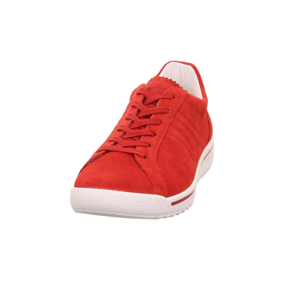Red leather and textile lace-up shoe with white sole, branding details, and a low heel, designed for ladies.