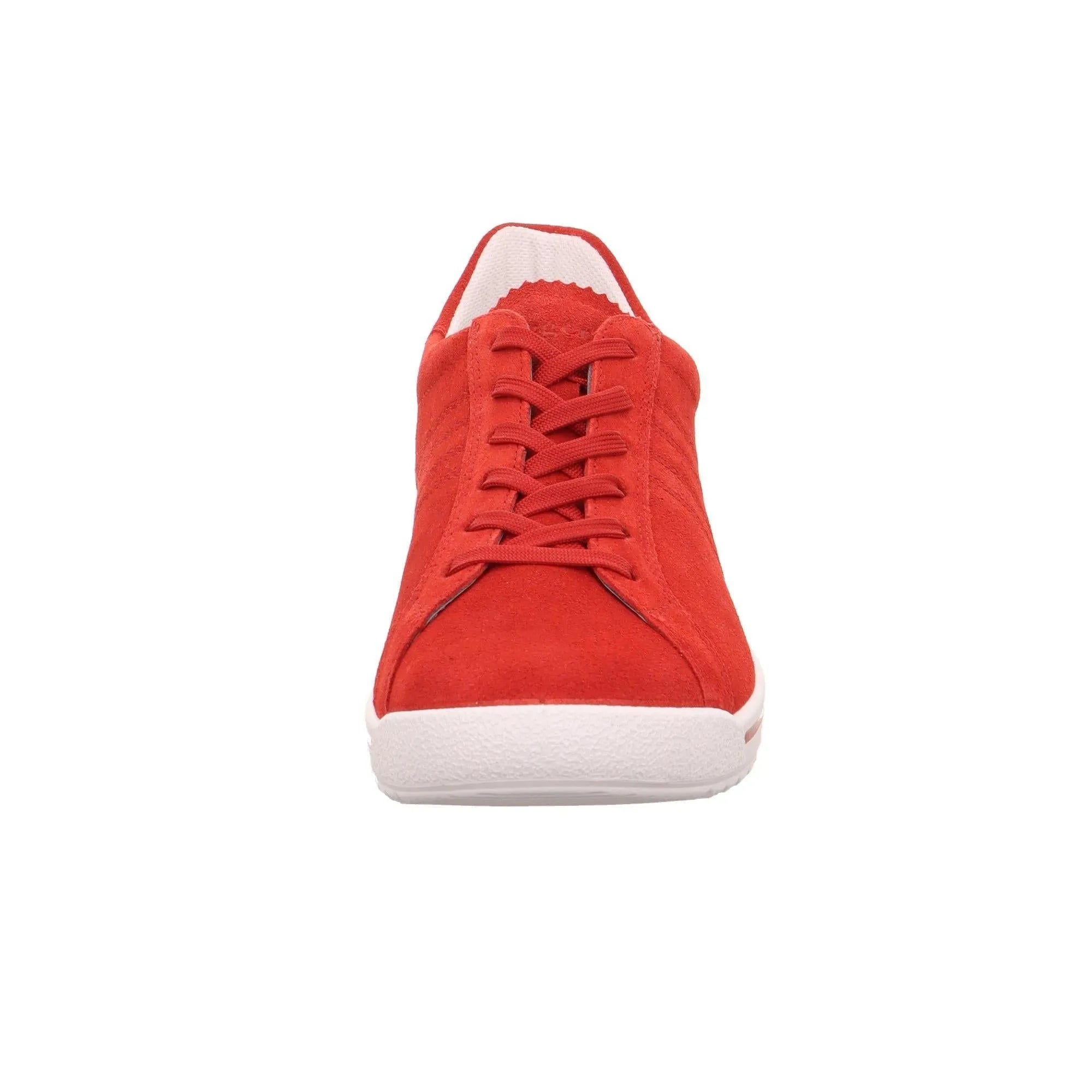 Red leather and textile lace-up sneaker with white sole, stylish and casual women's shoe.