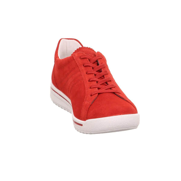 Red leather and textile lace-up sneaker with white sole and interior lining, stylish and casual.