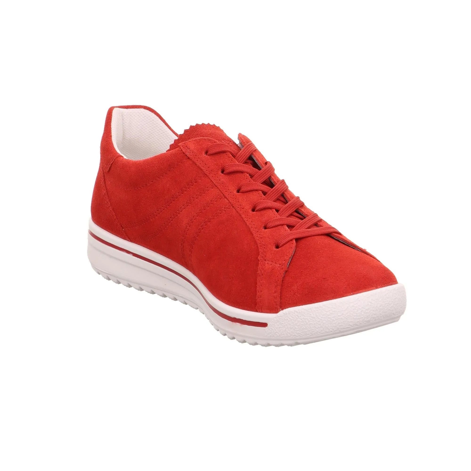 Red leather and textile lace-up women's sneaker with white sole and subtle stitching details.