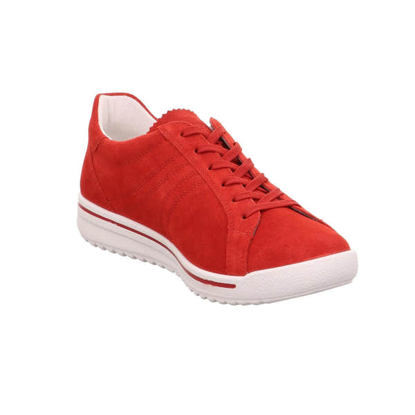 Red leather and textile lace-up women's sneaker with white sole and subtle stitching details.