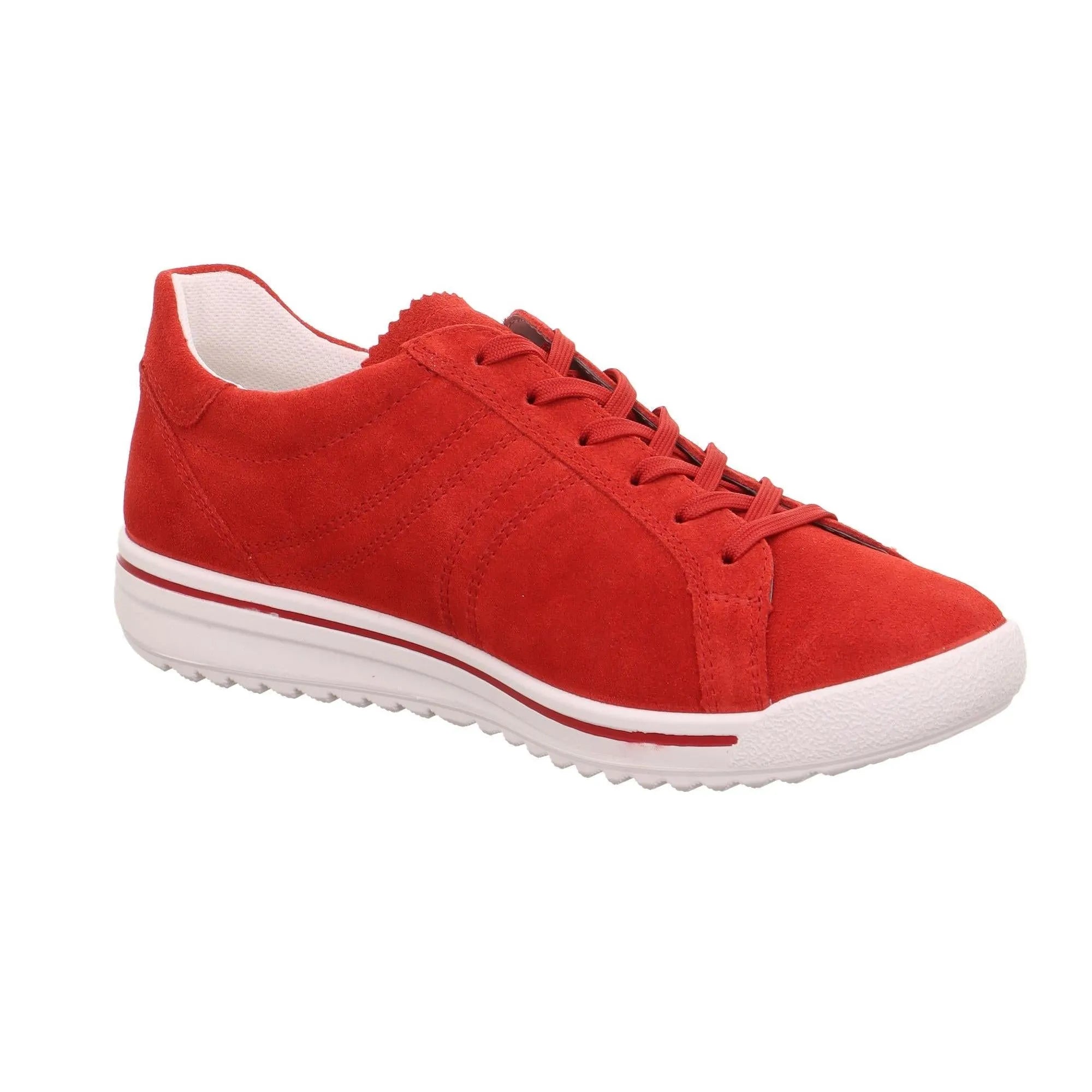 Red leather and textile lace-up shoes with white sole, sporty style, for women.
