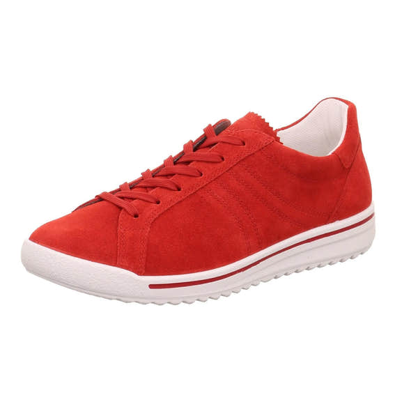 Red leather and textile lace-up shoes with a white rubber sole and cushioned interior.