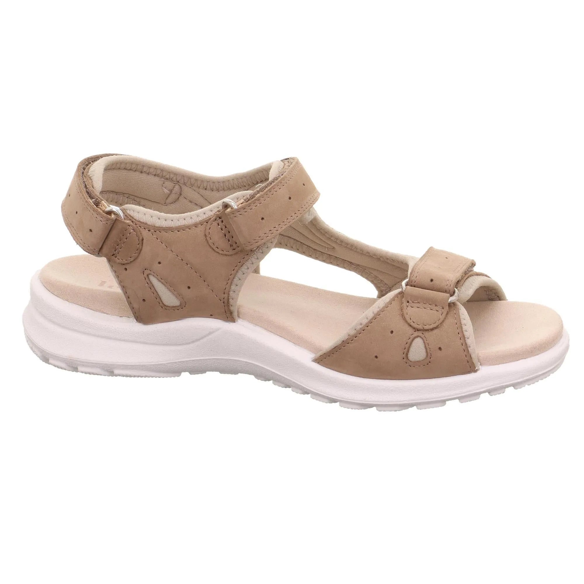 Legero Siris beige leather sandals with touch fastening straps, cushioned insole, and chunky white sole.
