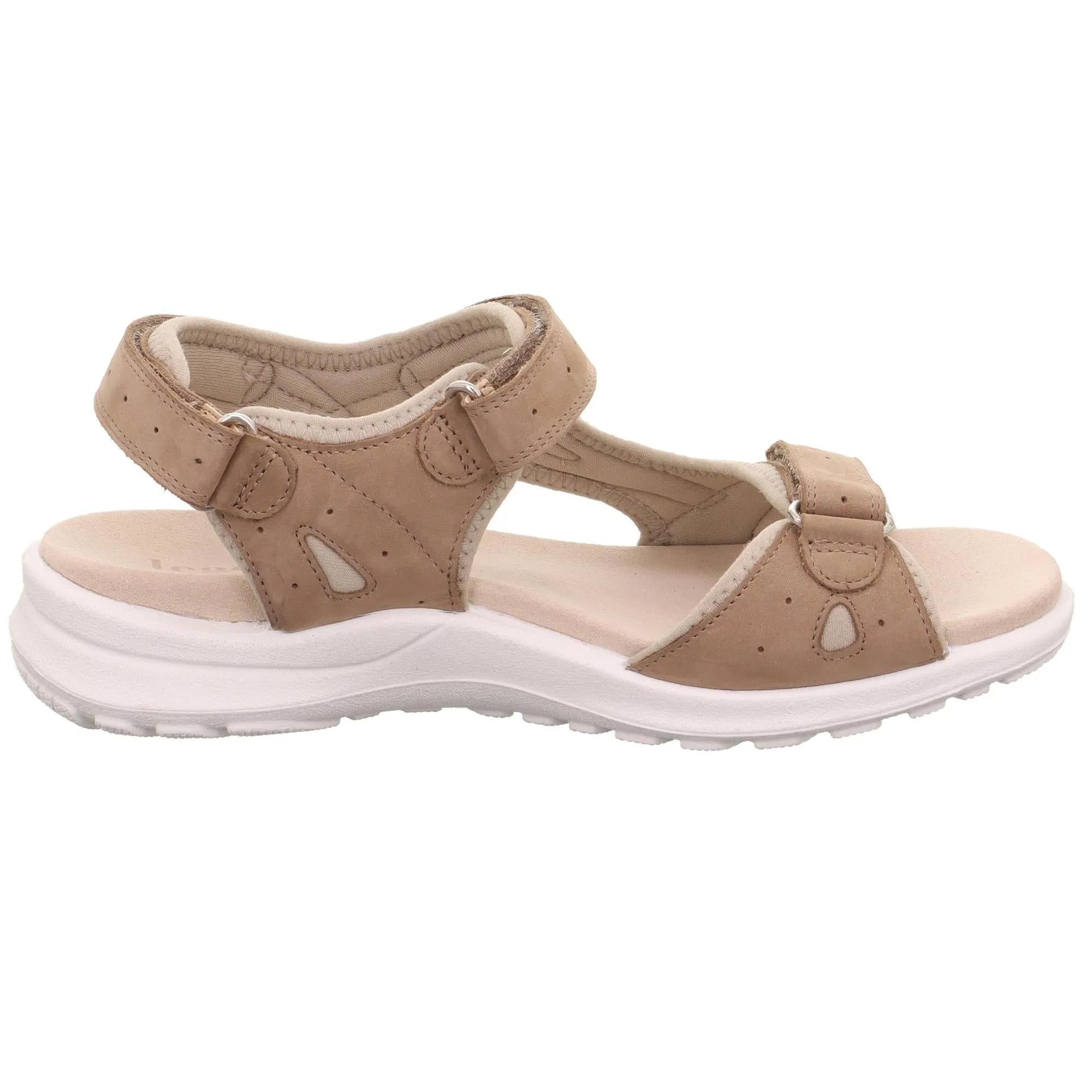 Beige leather touch fastening sandals with open toe, cushioned insole, and white rubber sole.