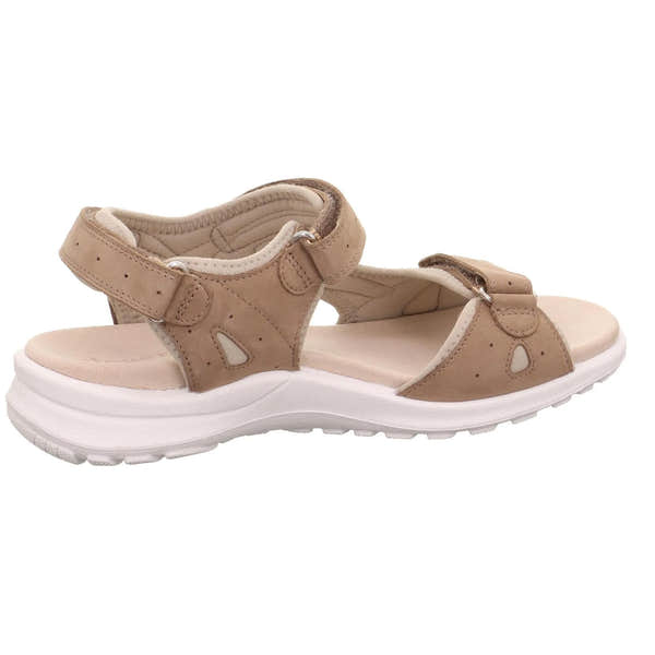 Beige leather touch-fastening sandals with adjustable straps, cushioned footbed, and white sole for ladies.