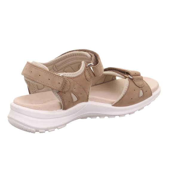 Beige leather touch fastening sandals with cushioned sole and adjustable straps for ladies.