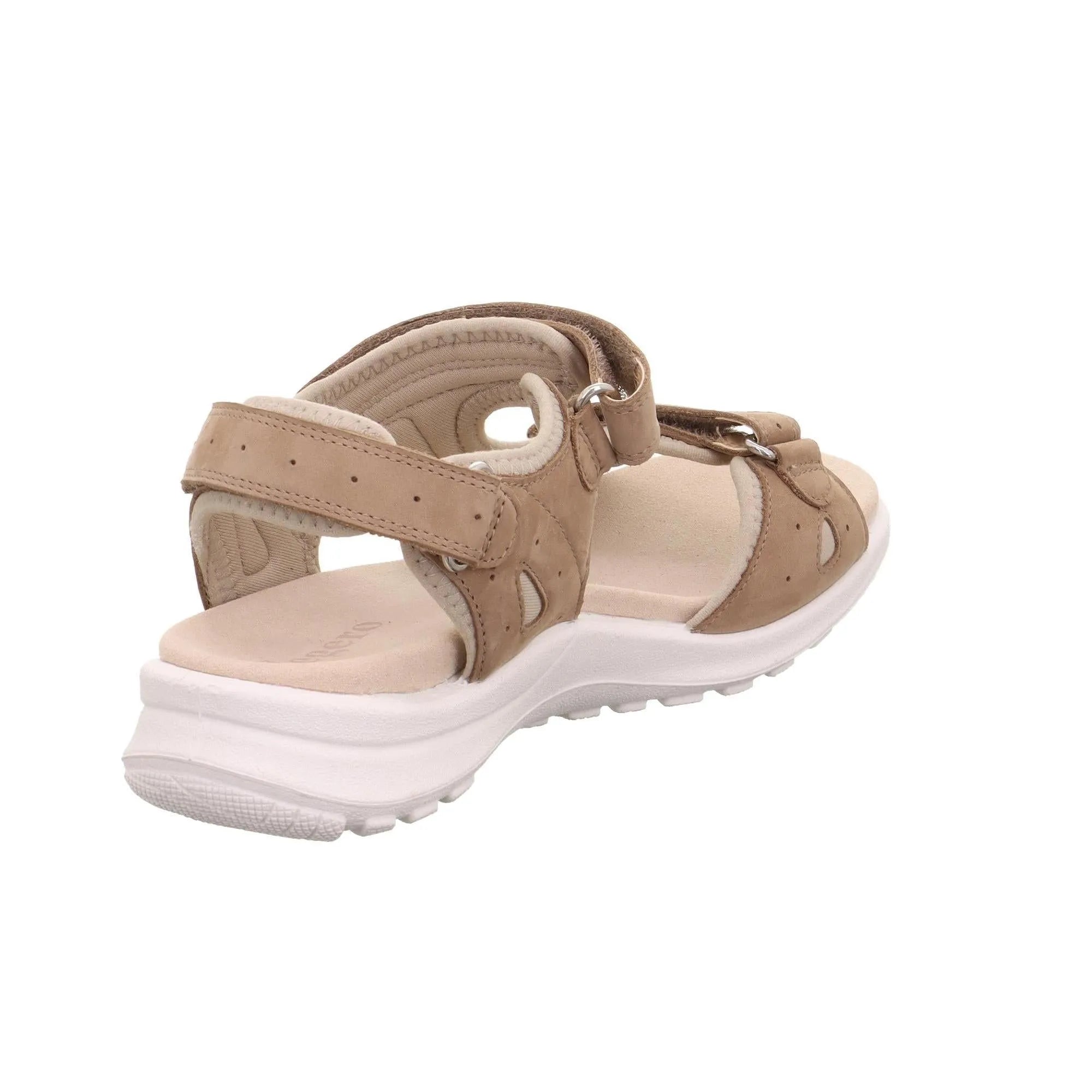 Legero Siris beige leather touch fastening sandals with cushioned insole and white sole, designed for comfort and outdoor wear.