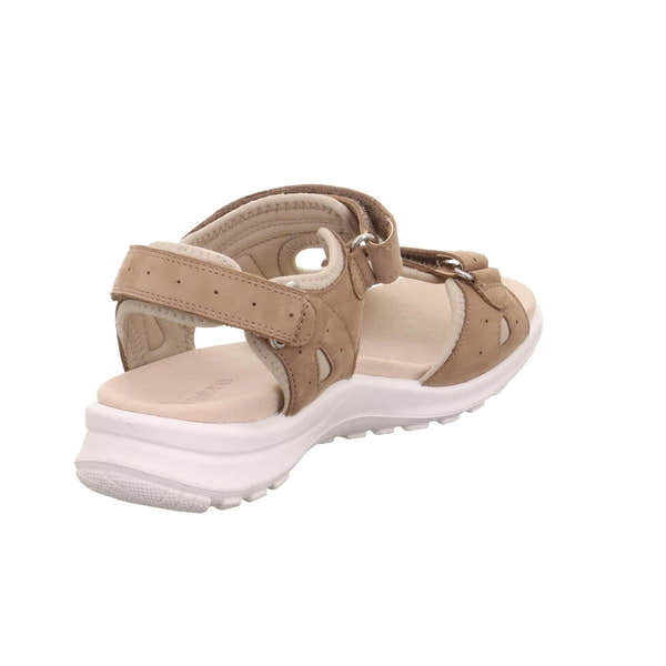 Legero Siris beige leather touch fastening sandals with cushioned insole and white sole, designed for comfort and outdoor wear.