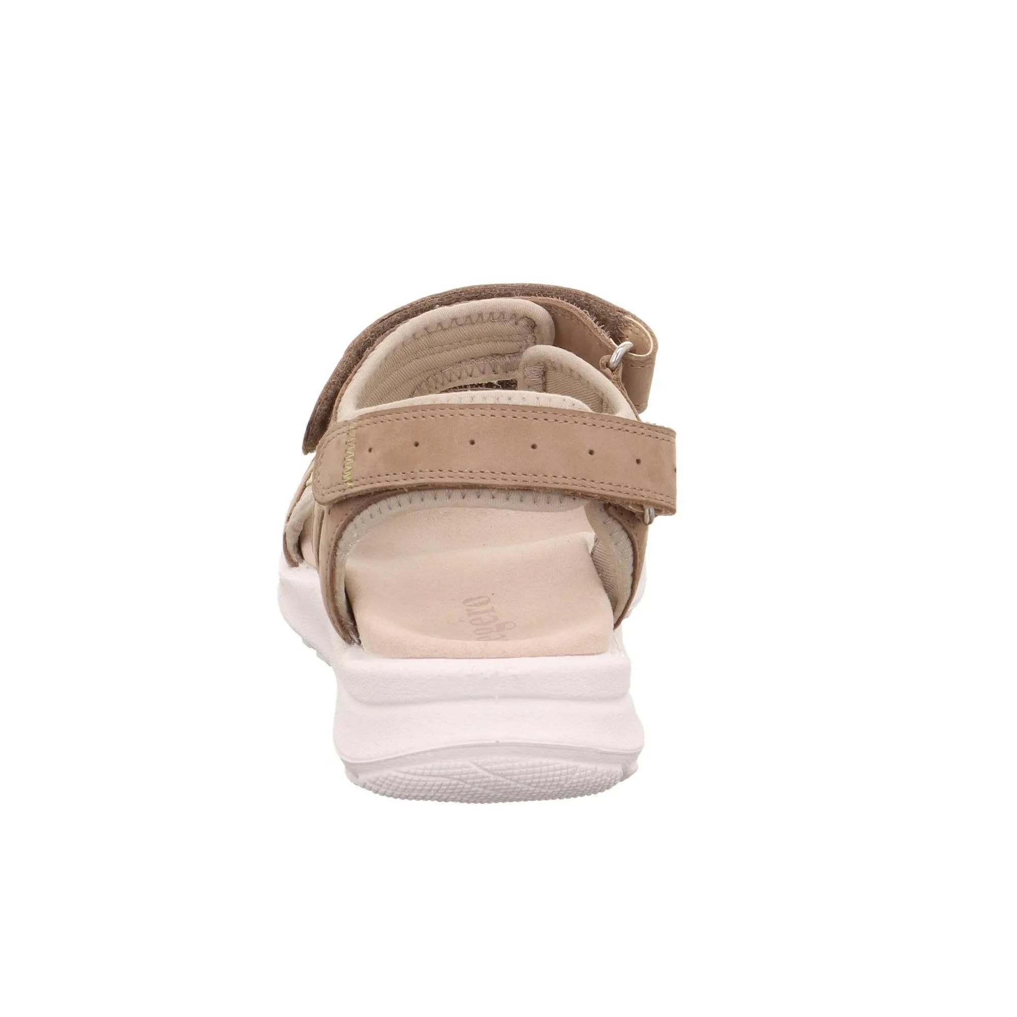 Beige leather sandal with touch fastening strap, cushioned insole, and white chunky sole, designed for ladies.
