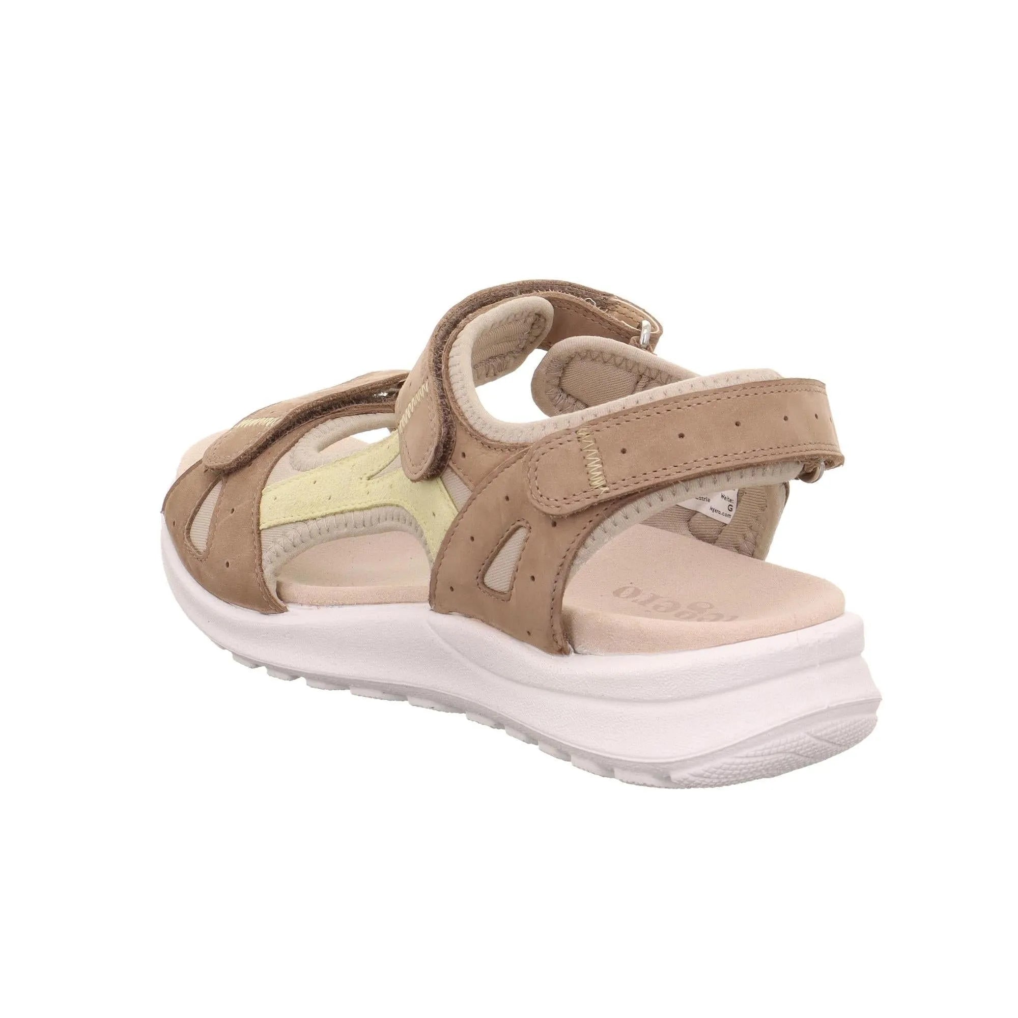 Legero Siris beige leather touch fastening sandals with open design, cushioned insole, and chunky white sole.