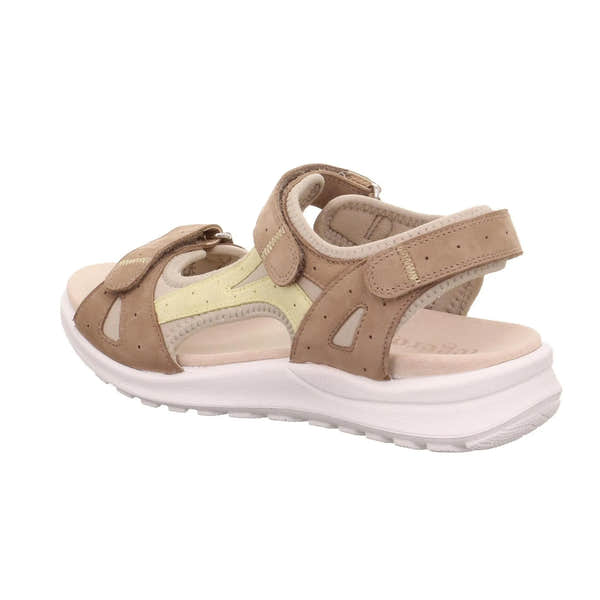 Legero Siris beige leather touch fastening sandals with open sides and cushioned white sole.