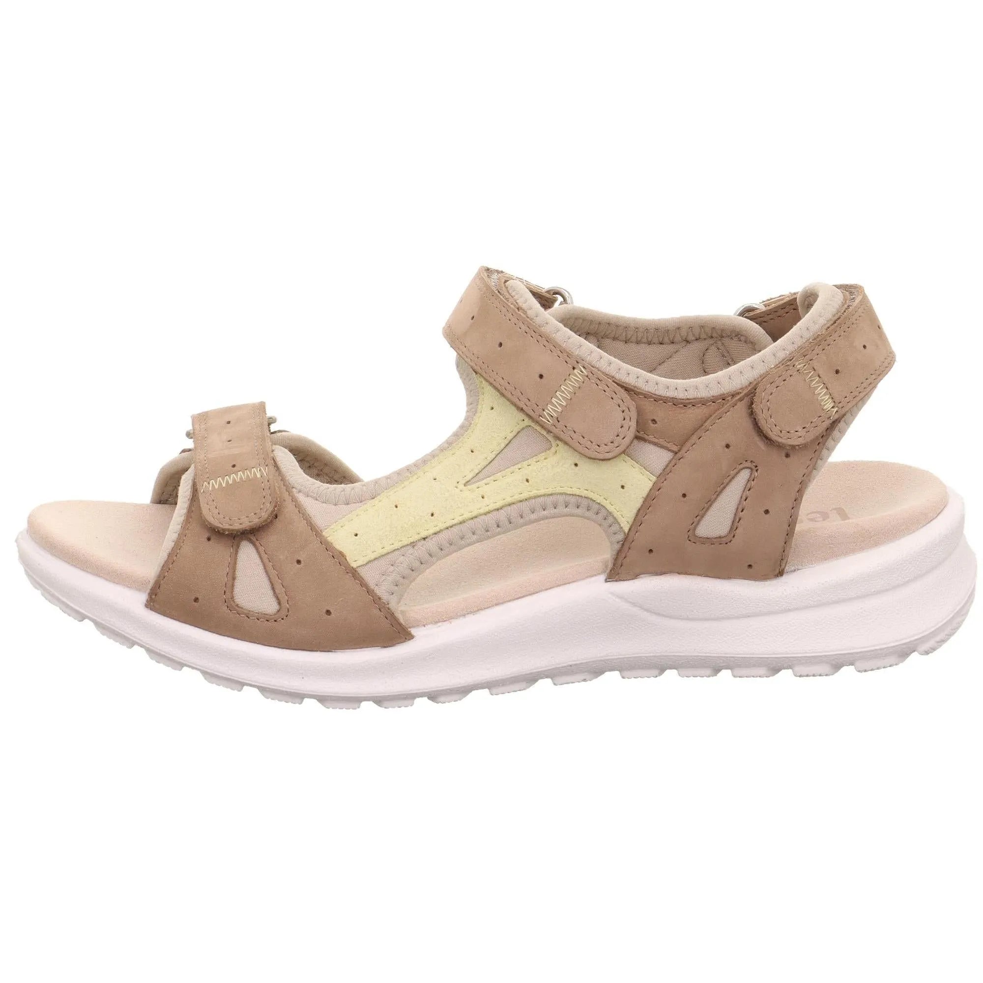 Legero Siris beige leather sandals with touch fastenings, open toes, cushioned sole, and breathable design.