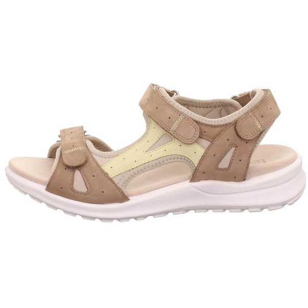 Legero Siris beige leather sandals with touch fastenings, open toes, cushioned sole, and breathable design.