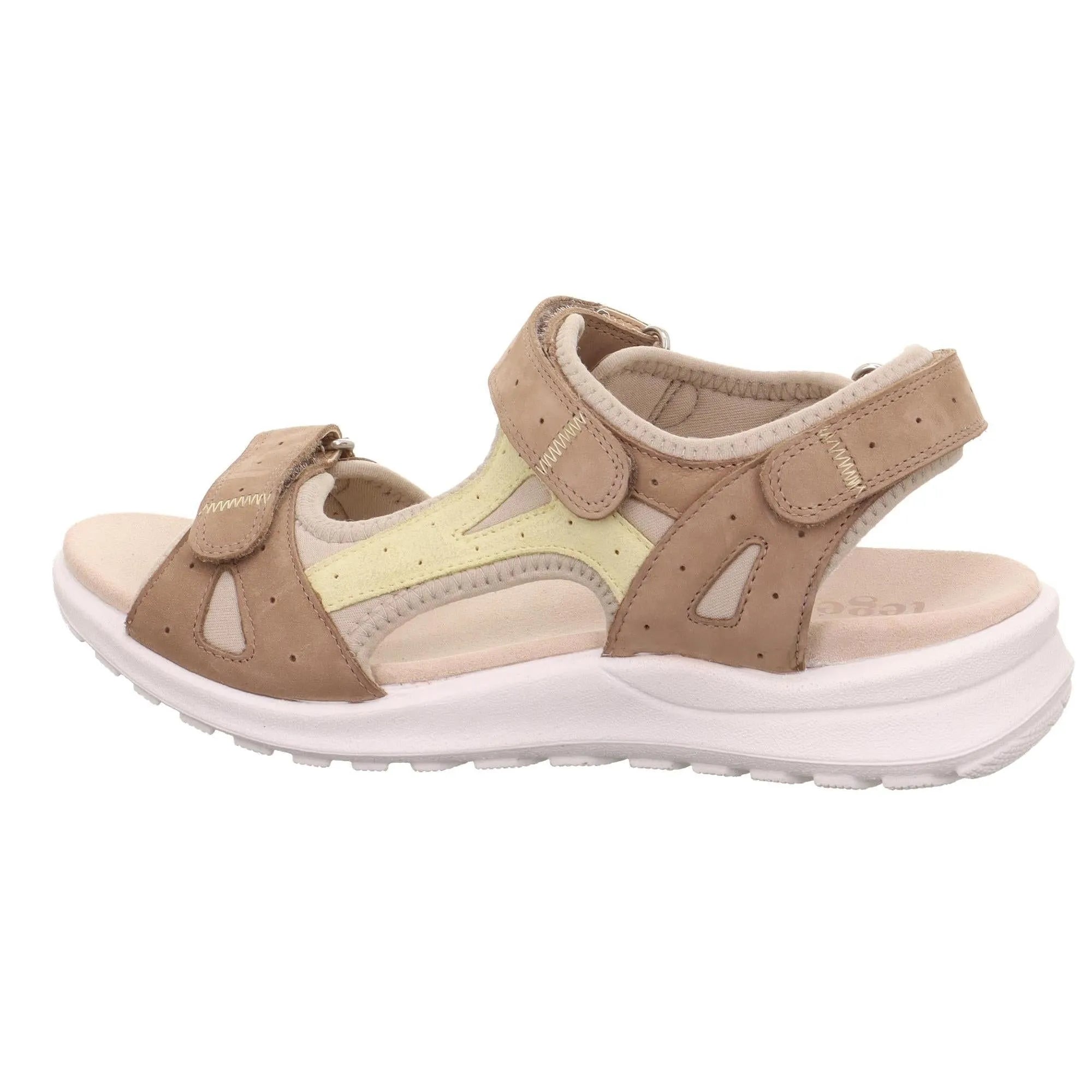Legero Siris beige leather sandal with touch fastenings, cushioned sole, and open design, accented with light yellow details.