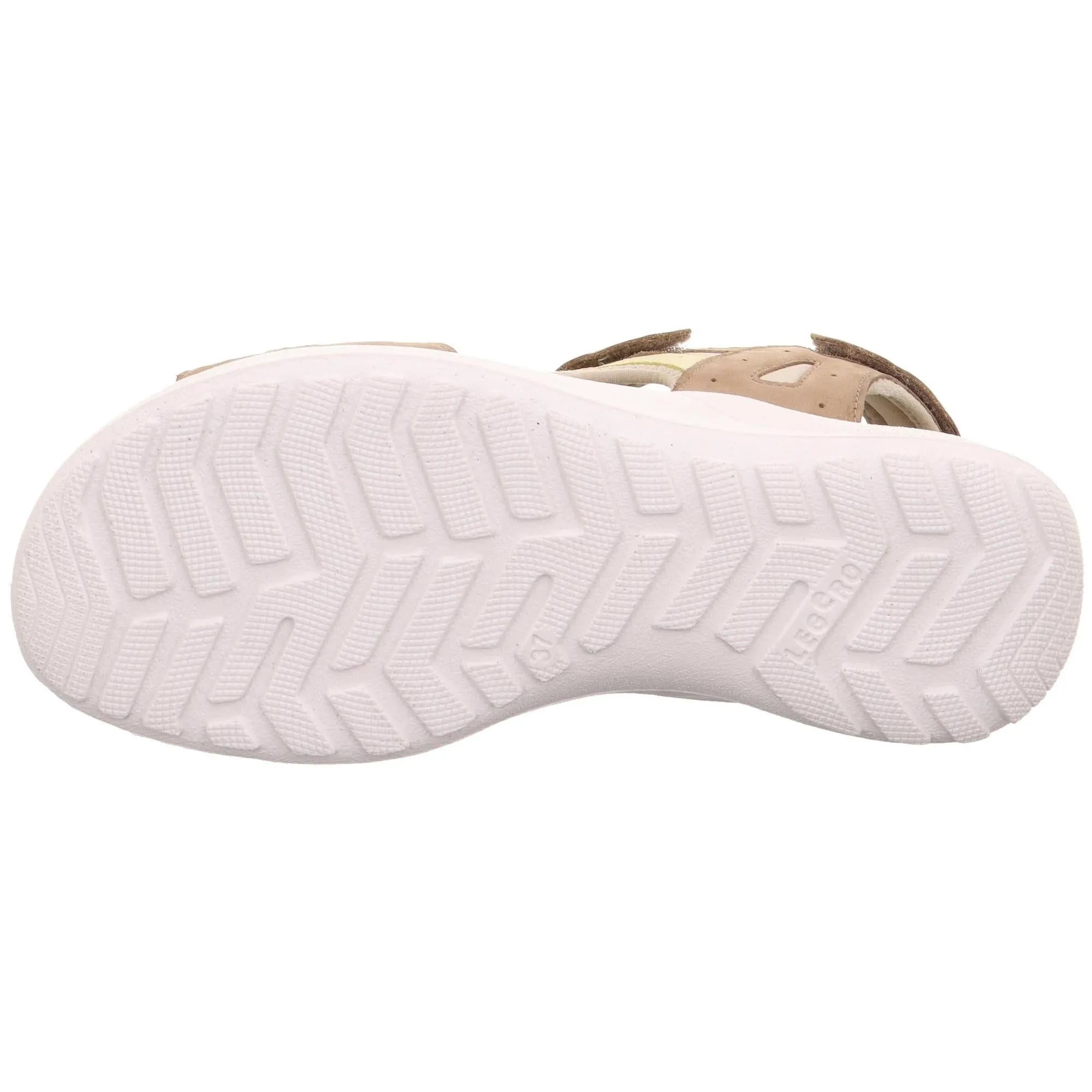 Beige leather sandals with touch fastenings, rubber sole, and textured tread, designed for comfort and style.