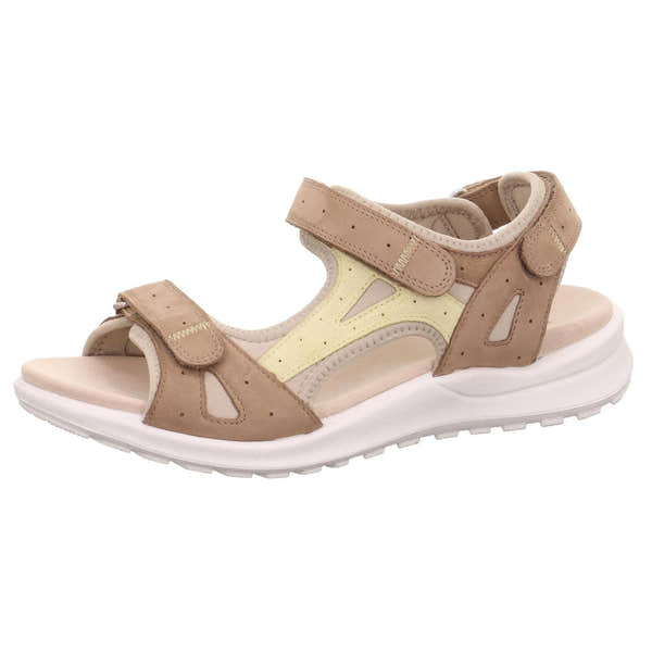 Legero Siris beige leather touch fastening sandals with adjustable straps, breathable design, and white sole.