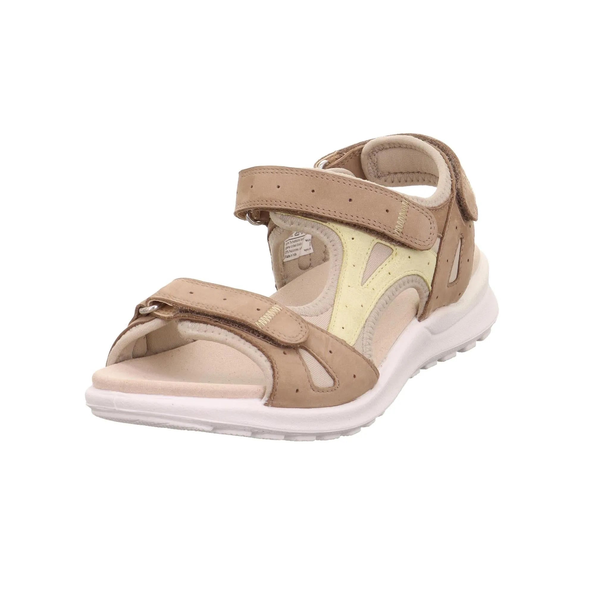 Legero Siris beige leather touch fastening sandals with straps, cutout details, and a white sole.