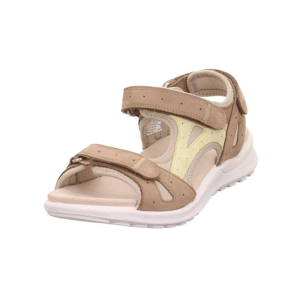 Legero Siris beige leather touch fastening sandals with straps, cutout details, and a white sole.