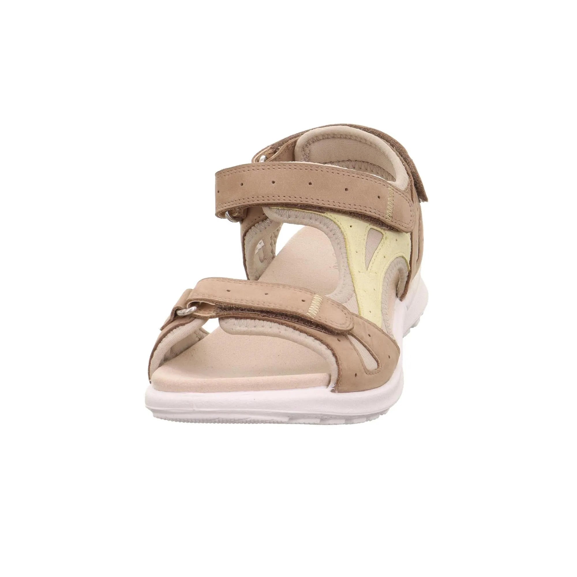 Legero Siris beige leather touch-fastening sandals with cutout details and a white rubber sole, designed for women.