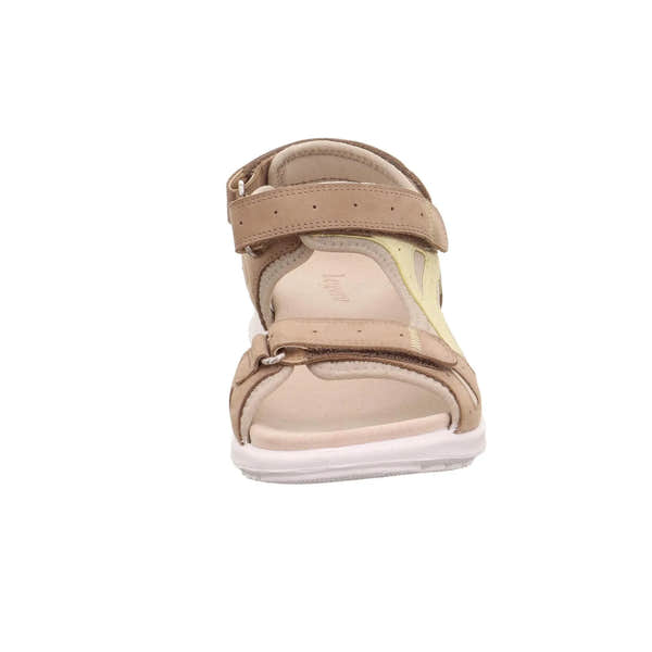 Legero Siris beige leather sandals with touch fastening, padded straps, and white rubber sole, designed for comfort.