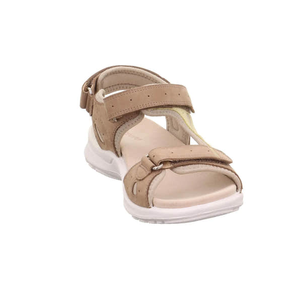 Legero Siris beige leather sandals with touch fastenings, cushioned footbed, and white sole.