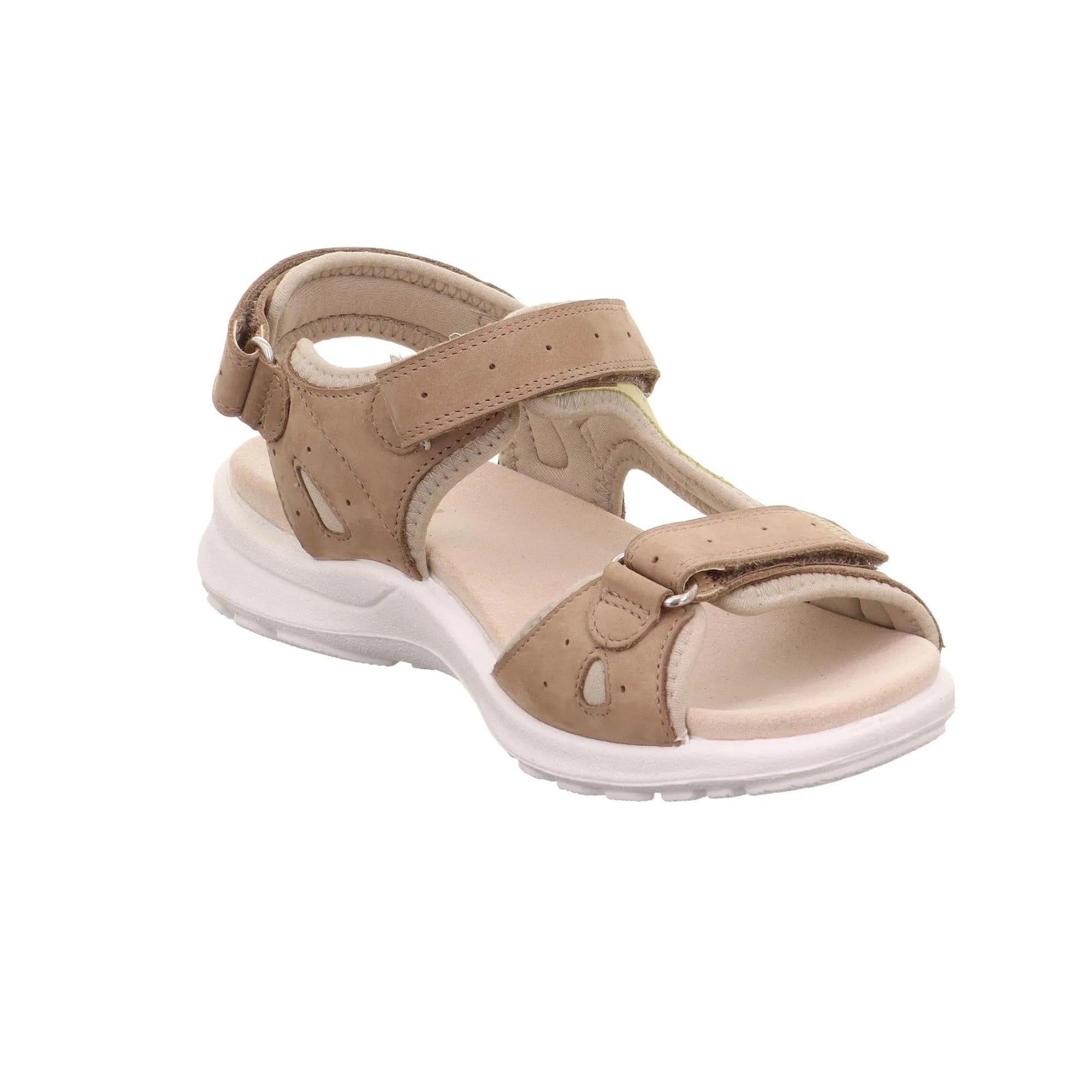 Legero beige leather touch fastening women's sandals with a white sole and open toe design.